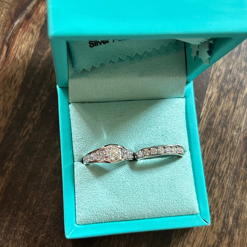 Bezel Round Moissanite Channel Euro Shank Engagement Ring and Wedding Band